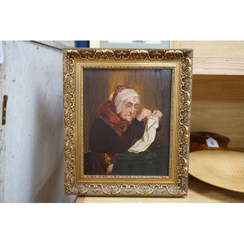 712 - Early 20th century, oil on board, Portrait of an elderly lady sewing, 28 x 21cm, ornate gilt framed... 