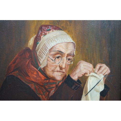 712 - Early 20th century, oil on board, Portrait of an elderly lady sewing, 28 x 21cm, ornate gilt framed... 