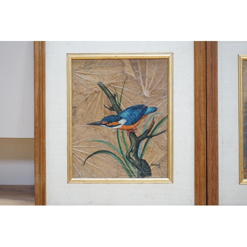 716 - Narong, pair of Thai oil paintings on leaves, Kingfisher and Tawny owl, each signed, 24 x 20cm... 