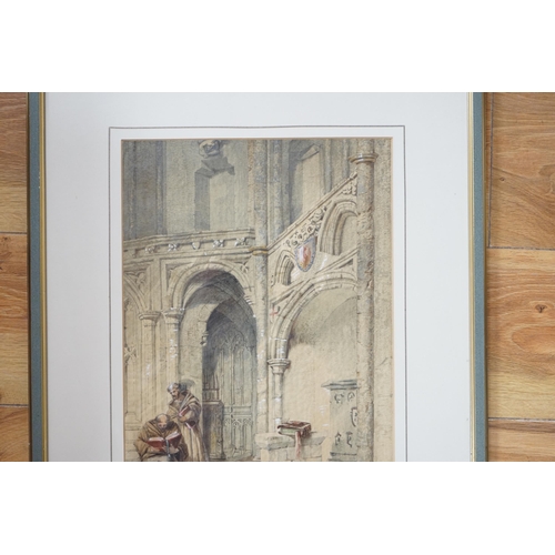 729 - Thomas Scandrett (1797-1870), heightened watercolour, Two monks in an ecclesiastical setting, signed... 