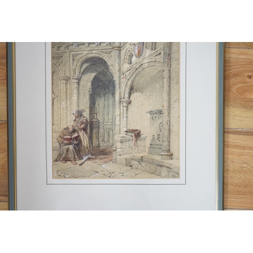 729 - Thomas Scandrett (1797-1870), heightened watercolour, Two monks in an ecclesiastical setting, signed... 