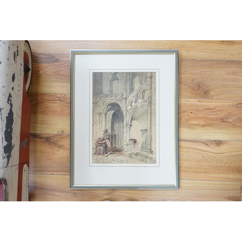 729 - Thomas Scandrett (1797-1870), heightened watercolour, Two monks in an ecclesiastical setting, signed... 