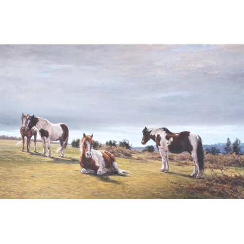 739 - Claire Verity (20th. C) pastel, Ponies on May Hill, Gloucestershire, signed and dated '98, label ver... 