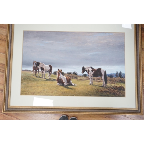 739 - Claire Verity (20th. C) pastel, Ponies on May Hill, Gloucestershire, signed and dated '98, label ver... 