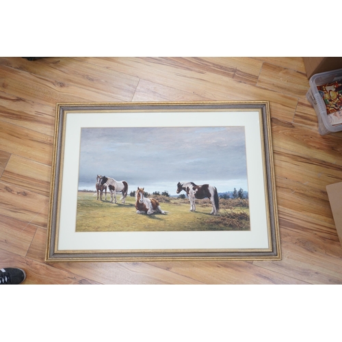 739 - Claire Verity (20th. C) pastel, Ponies on May Hill, Gloucestershire, signed and dated '98, label ver... 