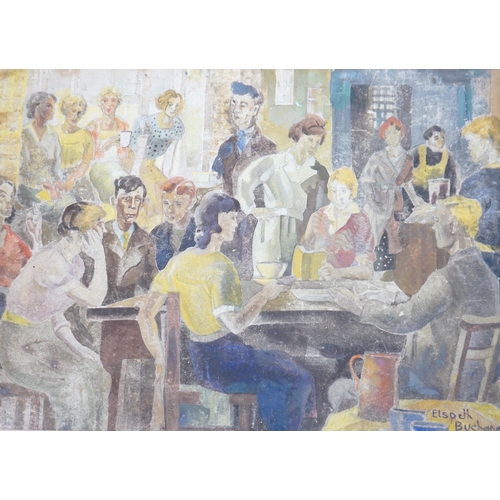 740 - Elspeth Buchanan (Scottish, 1915-2011) mixed media, Figures in café, signed, 47 x 66cm