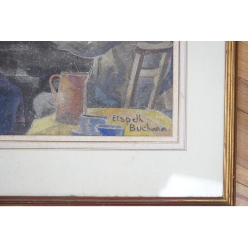 740 - Elspeth Buchanan (Scottish, 1915-2011) mixed media, Figures in café, signed, 47 x 66cm