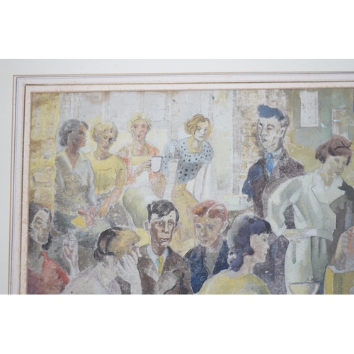 740 - Elspeth Buchanan (Scottish, 1915-2011) mixed media, Figures in café, signed, 47 x 66cm