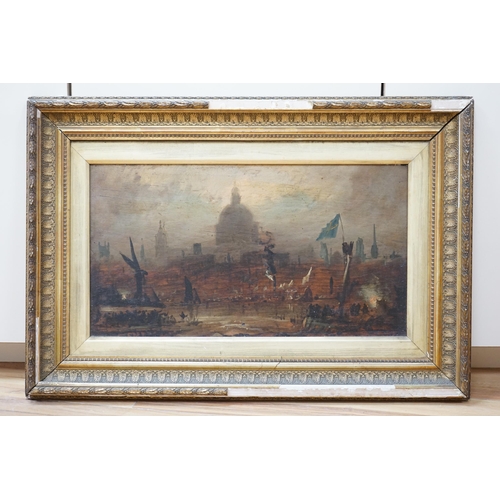 743 - Late 19th/early 20th century English school, oil on board, St Paul's Cathedral, London, unsigned, 27... 