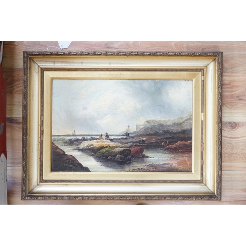 746 - Late 19th/early 20th century school, oil on canvas, Coastal scene with figures collecting shellfish,... 