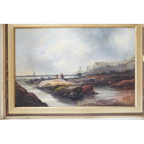 746 - Late 19th/early 20th century school, oil on canvas, Coastal scene with figures collecting shellfish,... 