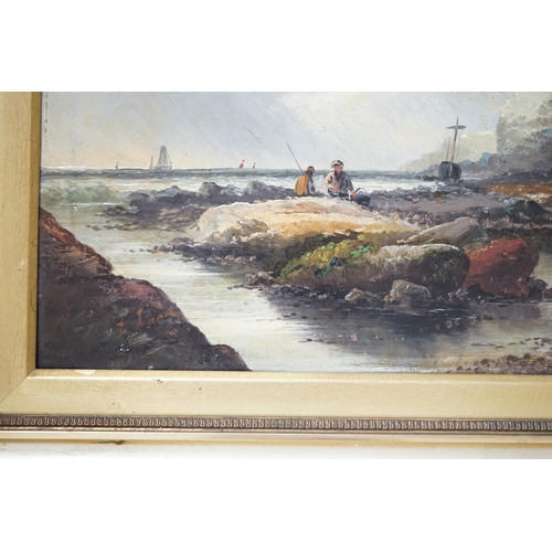 746 - Late 19th/early 20th century school, oil on canvas, Coastal scene with figures collecting shellfish,... 