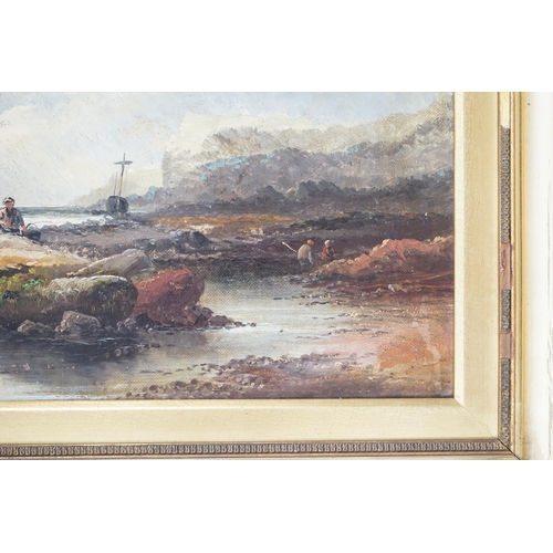 746 - Late 19th/early 20th century school, oil on canvas, Coastal scene with figures collecting shellfish,... 