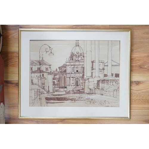 747 - Pen and wash on paper, St Paul's Cathedral, London, indistinctly signed and dated '72, 36 x 49cm... 