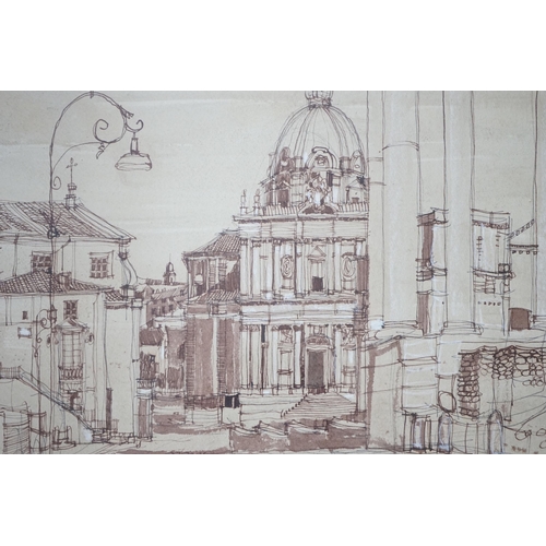 747 - Pen and wash on paper, St Paul's Cathedral, London, indistinctly signed and dated '72, 36 x 49cm... 