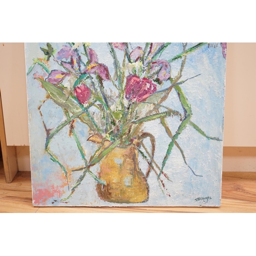 760 - Sarah Burges (Contemporary) impasto on board, still life of flowers in a vase, signed, unframed, 73 ... 