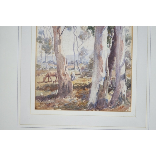 763 - Douglas Pratt (Australian, 1900-1972), watercolour, Woodland landscape with horses, signed and dated... 