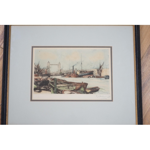 765 - Harold Wyllie (1880-1973) etching, River boats and sailing ship, pencil signed and numbered XXI toge... 