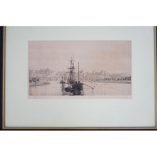 765 - Harold Wyllie (1880-1973) etching, River boats and sailing ship, pencil signed and numbered XXI toge... 