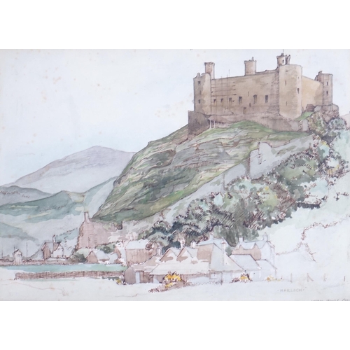 766 - John Lewis Stang (fl. 1931-1955) ink and watercolour, Harlech Castle, signed and inscribed, 20 x 29c... 