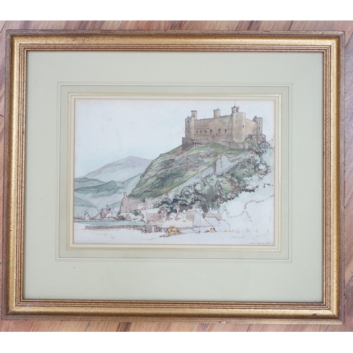 766 - John Lewis Stang (fl. 1931-1955) ink and watercolour, Harlech Castle, signed and inscribed, 20 x 29c... 