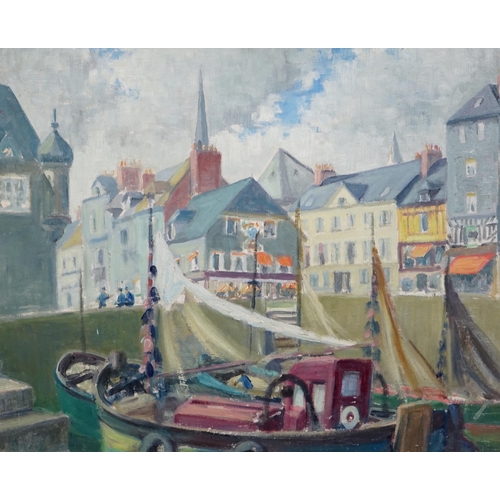 772 - Alfred E. Kerr (1901-1980), oil on board, Fishing boat in harbour, signed, 37 x 45cm