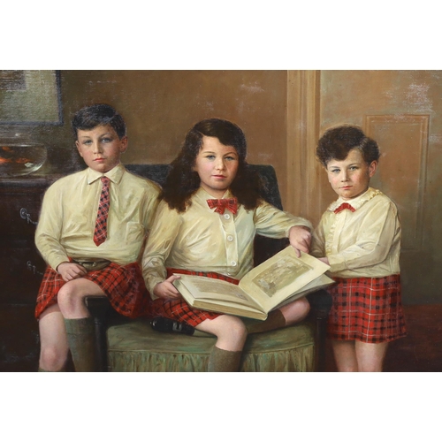 775 - J.W. Beaufort (fl. circa 1920-30), oil on canvas, Portrait of three Scottish children in a drawing r... 