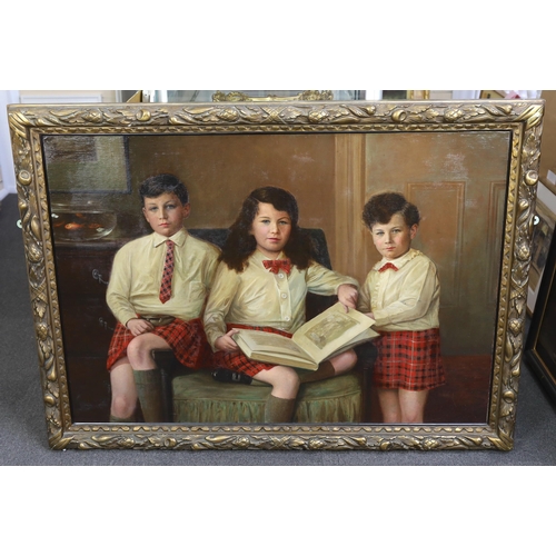 775 - J.W. Beaufort (fl. circa 1920-30), oil on canvas, Portrait of three Scottish children in a drawing r... 