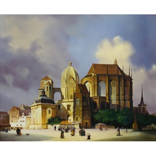 777 - Jacques Douven (1908-2002) oil on board, Figures before a cathedral, signed, 48 x 58cm, ornate gilt ... 