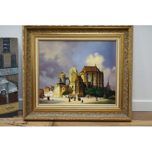 777 - Jacques Douven (1908-2002) oil on board, Figures before a cathedral, signed, 48 x 58cm, ornate gilt ... 