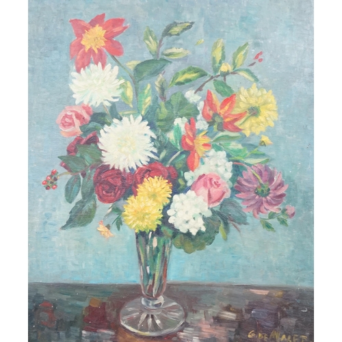 782 - Countess Ginette de Malet Roquefort (1903-1967), oil on canvas board, Still life of flowers in a vas... 