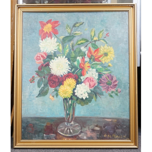 782 - Countess Ginette de Malet Roquefort (1903-1967), oil on canvas board, Still life of flowers in a vas... 