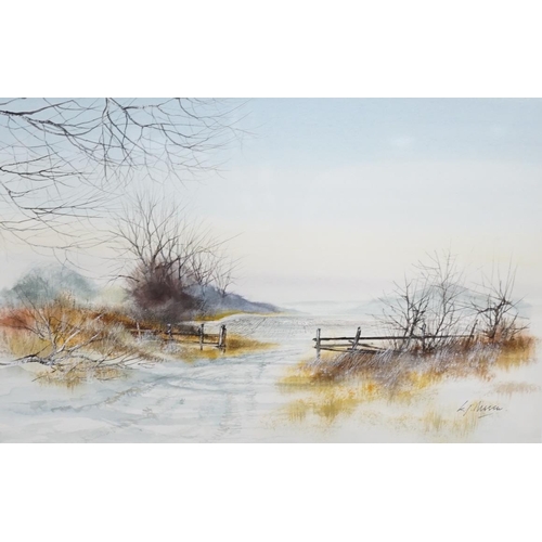 785 - K J Mossen, watercolour, Winter rural landscape, signed, 29 x 45cm