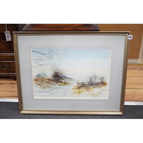 785 - K J Mossen, watercolour, Winter rural landscape, signed, 29 x 45cm