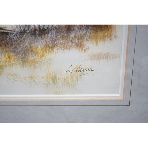 785 - K J Mossen, watercolour, Winter rural landscape, signed, 29 x 45cm