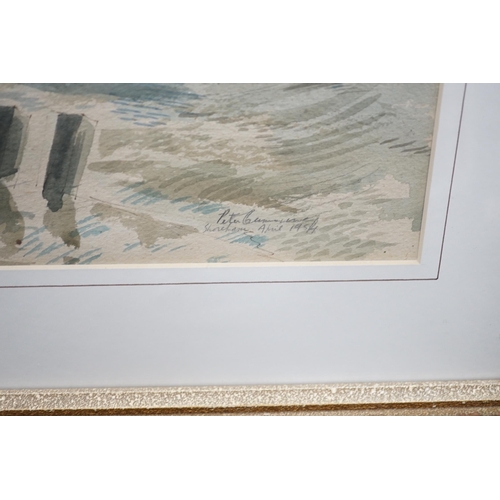 786 - Peter Cumming R.B.A. (1916-1993) ink and watercolour, Shoreham Harbour, signed and dated 1954, vario... 