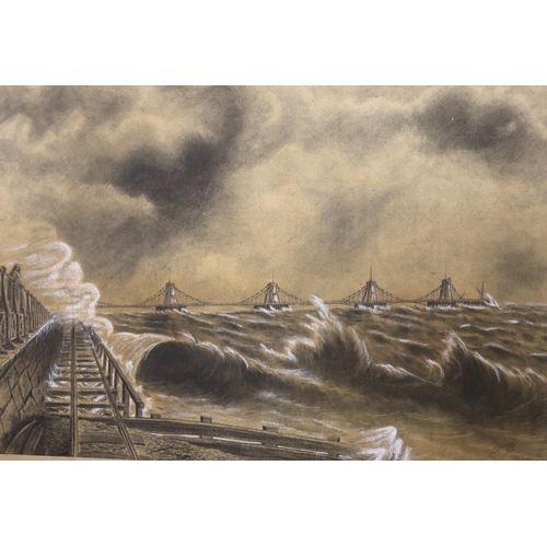 791 - C S Collins (19th. C) pair of heightened charcoals, Chain Pier, Brighton, December 4th and 5th 1896,... 