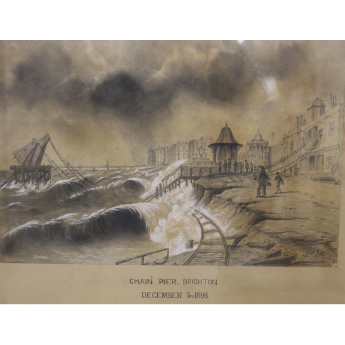 791 - C S Collins (19th. C) pair of heightened charcoals, Chain Pier, Brighton, December 4th and 5th 1896,... 