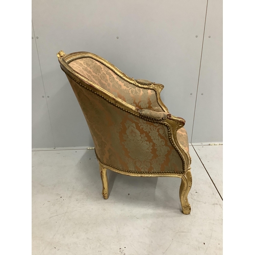 80 - A Louis XVI style carved giltwood tub framed chair, width 66cm, depth 66cm, height 87cm