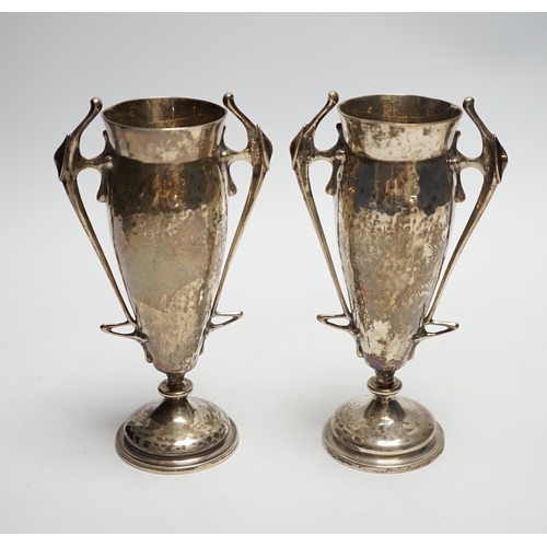 826 - A pair of Edwardian Art Nouveau silver two handled posy vases, Charles Edwards, London, 1905, 16cm, ... 