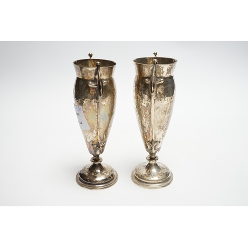 826 - A pair of Edwardian Art Nouveau silver two handled posy vases, Charles Edwards, London, 1905, 16cm, ... 