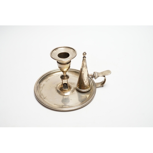 831 - A George III silver chamberstick, John Mewburn, London, 1801, with extinguisher(marks rubbed), diame... 