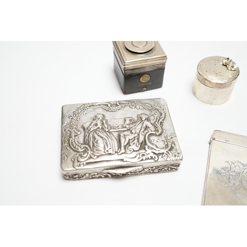 833 - A German embossed 800 standard white metal snuff box, 87mm a silver card case, a modern silver drum ... 