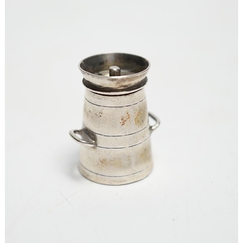 836 - A late Victorian novelty silver pepperette, modelled as a milk churn, Saunders & Shepherd, Chester, ... 