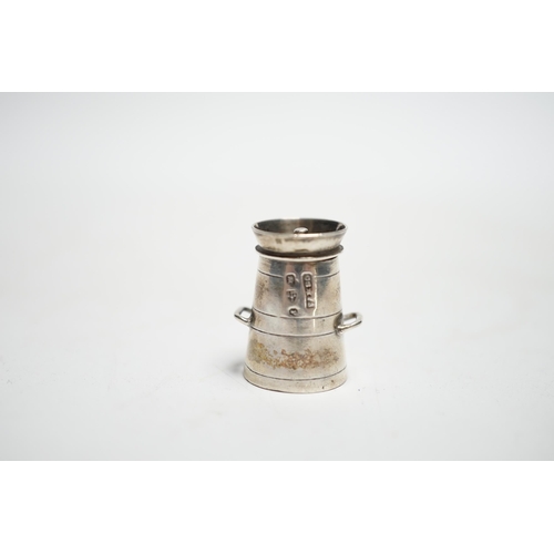 836 - A late Victorian novelty silver pepperette, modelled as a milk churn, Saunders & Shepherd, Chester, ... 