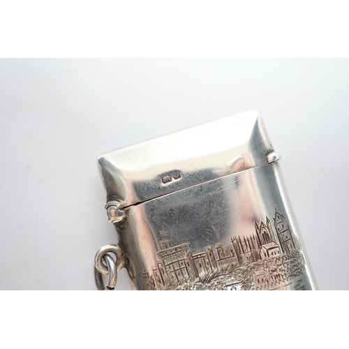 854 - An early 20th century silver vesta case, engraved with scene of Windsor Castle, John Milward Banks, ... 