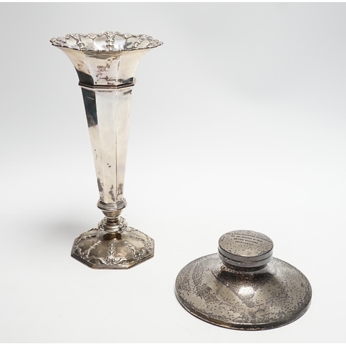 871 - An Edwardian silver trumpet vase, London, 1906, 23.3cm, weighted and a silver mounted inkwell.... 