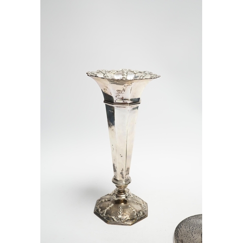 871 - An Edwardian silver trumpet vase, London, 1906, 23.3cm, weighted and a silver mounted inkwell.... 