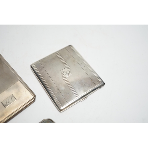 876 - Three silver cigarette cases, including two Art Deco, largest 11.4cm.