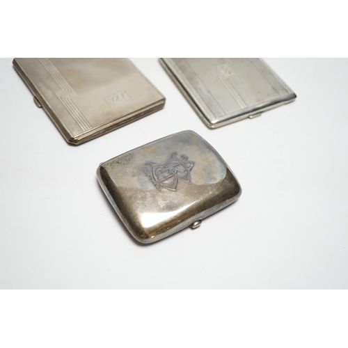 876 - Three silver cigarette cases, including two Art Deco, largest 11.4cm.